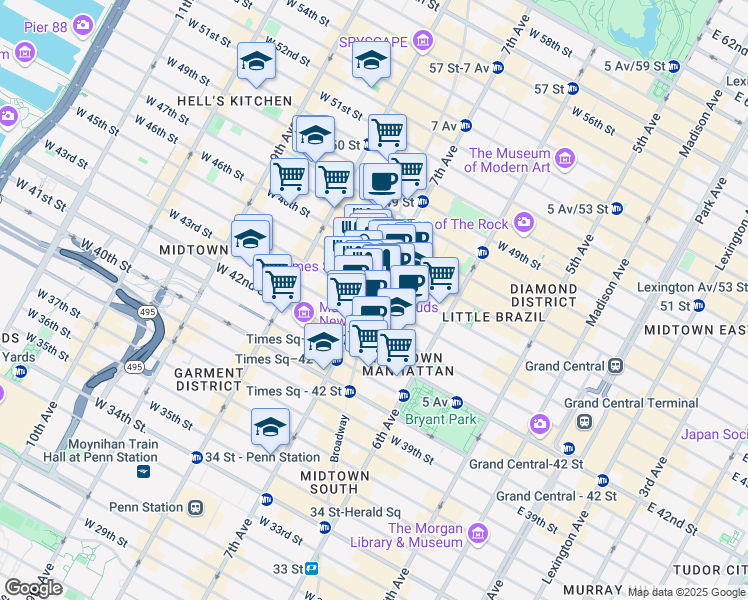 map of restaurants, bars, coffee shops, grocery stores, and more near Broadway in New York