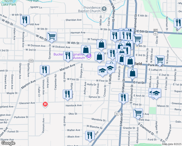 map of restaurants, bars, coffee shops, grocery stores, and more near 142 West 2nd Street in Mansfield