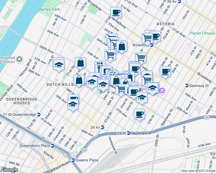 map of restaurants, bars, coffee shops, grocery stores, and more near 3550 28th Street in Queens