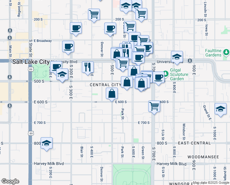 map of restaurants, bars, coffee shops, grocery stores, and more near 515 500 East in Salt Lake City