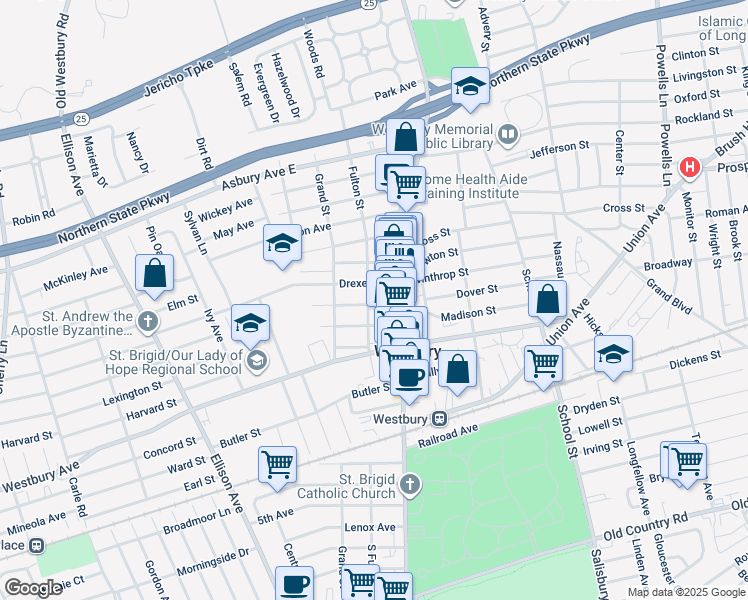 map of restaurants, bars, coffee shops, grocery stores, and more near 249 Drexel Avenue in Westbury