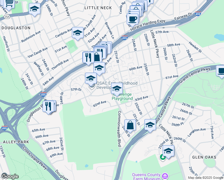 map of restaurants, bars, coffee shops, grocery stores, and more near 60-21 Marathon Parkway in Queens