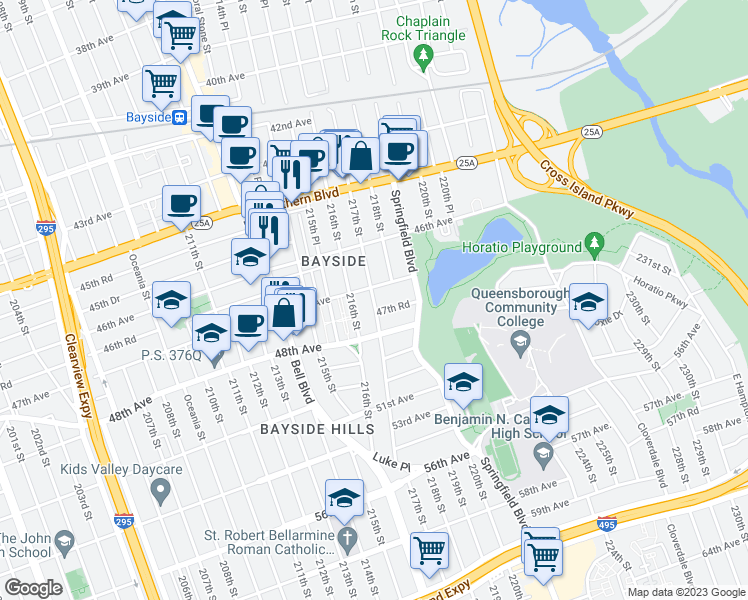 map of restaurants, bars, coffee shops, grocery stores, and more near 4644 217th Street in Queens