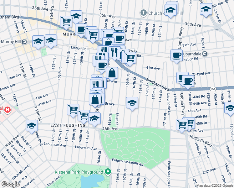 map of restaurants, bars, coffee shops, grocery stores, and more near 43-20 165th Street in Queens