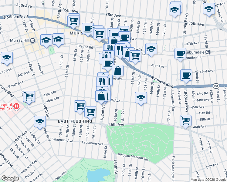 map of restaurants, bars, coffee shops, grocery stores, and more near 43-21 163rd Street in Queens