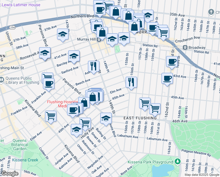 map of restaurants, bars, coffee shops, grocery stores, and more near 43-07 149th Street in Queens