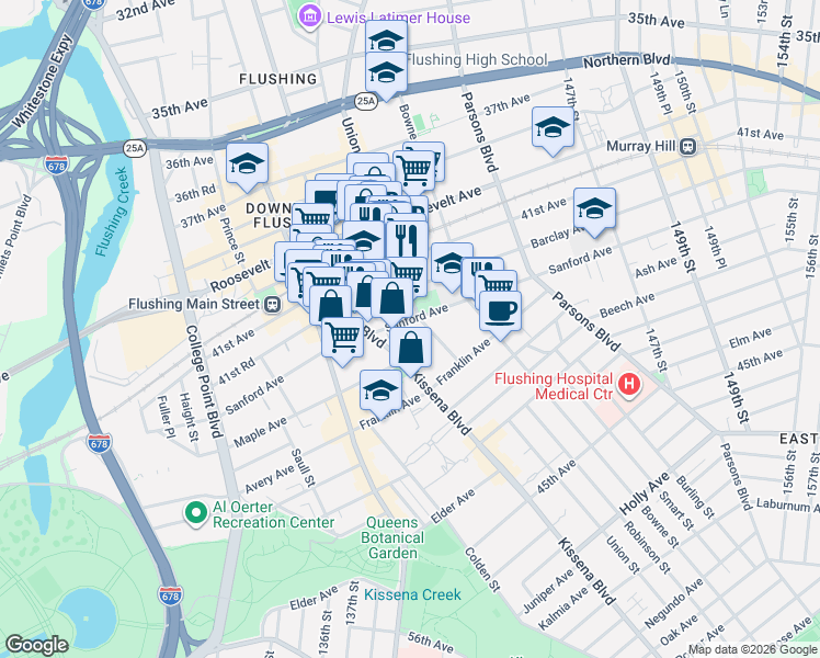 map of restaurants, bars, coffee shops, grocery stores, and more near in Queens