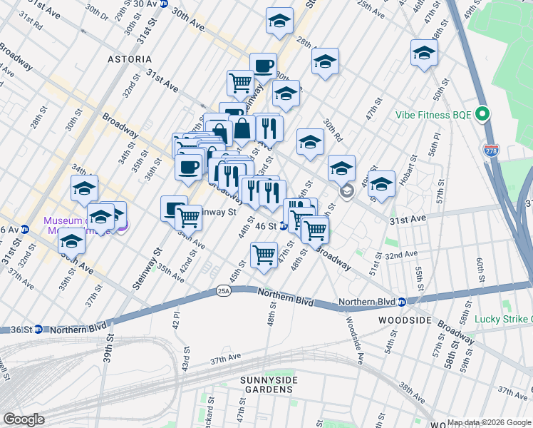 map of restaurants, bars, coffee shops, grocery stores, and more near in Queens