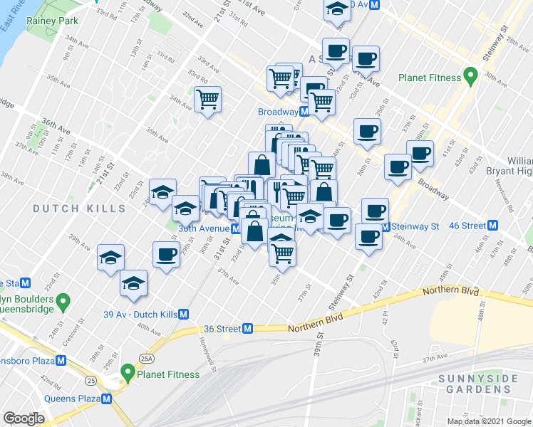 map of restaurants, bars, coffee shops, grocery stores, and more near 34-56 33rd Street in Queens