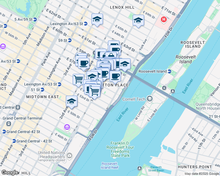 map of restaurants, bars, coffee shops, grocery stores, and more near 431 East 57th Street in New York