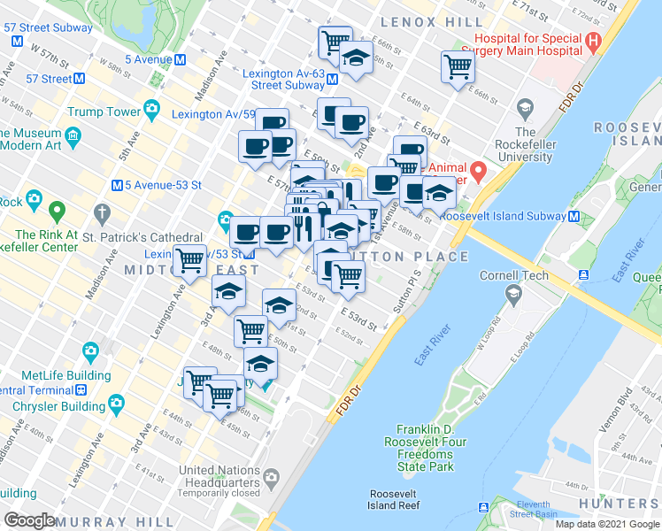 map of restaurants, bars, coffee shops, grocery stores, and more near 305 East 55th Street in New York