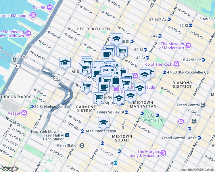 map of restaurants, bars, coffee shops, grocery stores, and more near 300 West 44th Street in New York