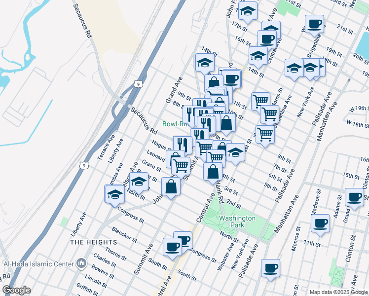 map of restaurants, bars, coffee shops, grocery stores, and more near 1108 5th Street in North Bergen