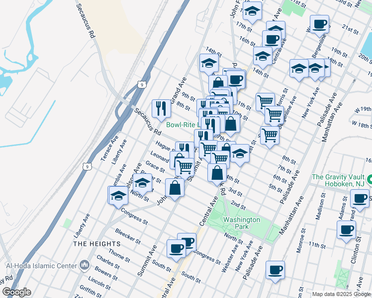 map of restaurants, bars, coffee shops, grocery stores, and more near 1108 5th Street in North Bergen