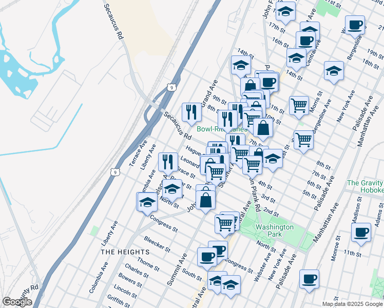map of restaurants, bars, coffee shops, grocery stores, and more near 180 Nelson Avenue in Jersey City