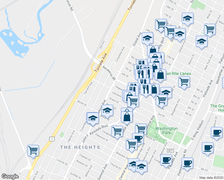 map of restaurants, bars, coffee shops, grocery stores, and more near 180 Nelson Avenue in Jersey City