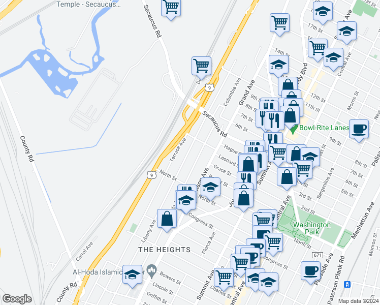 map of restaurants, bars, coffee shops, grocery stores, and more near 352 Terrace Avenue in Jersey City