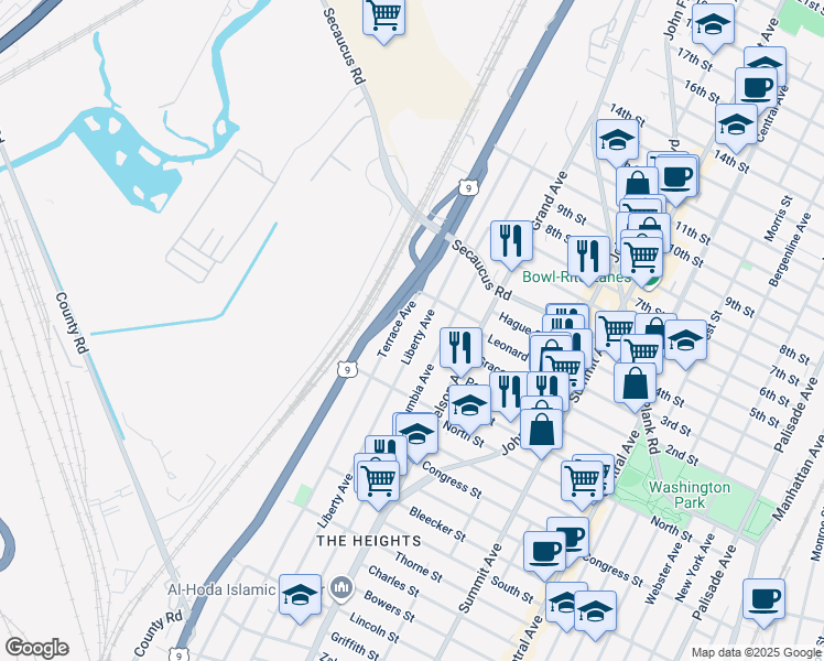 map of restaurants, bars, coffee shops, grocery stores, and more near 352 Terrace Avenue in Jersey City