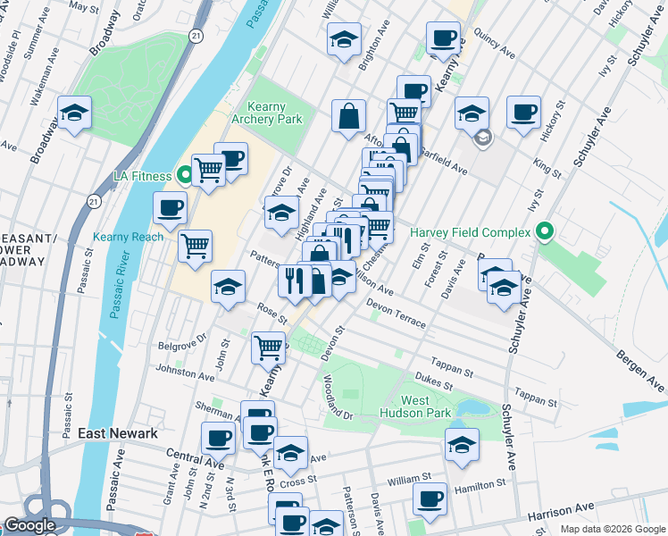 map of restaurants, bars, coffee shops, grocery stores, and more near 158 Maple Street in Kearny