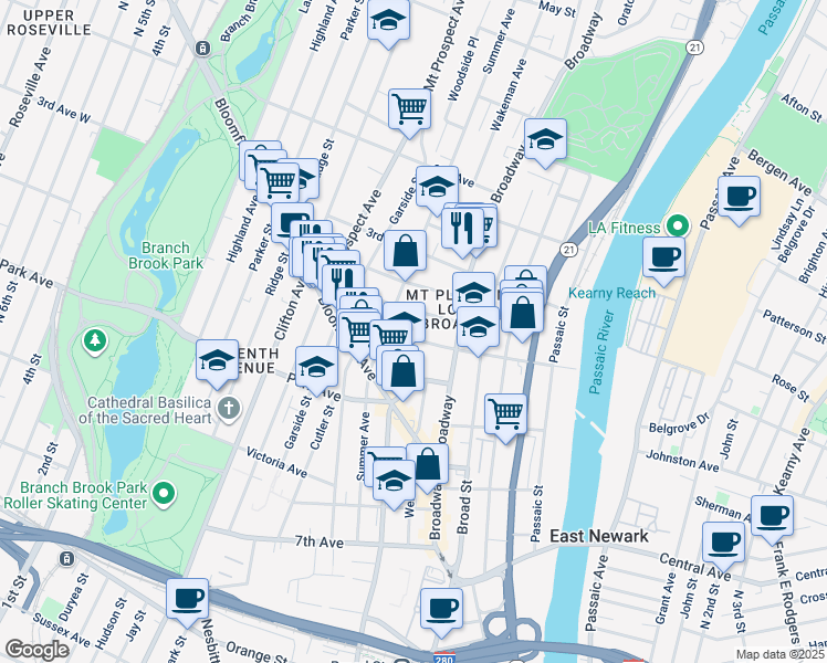 map of restaurants, bars, coffee shops, grocery stores, and more near 191 Summer Avenue in Newark