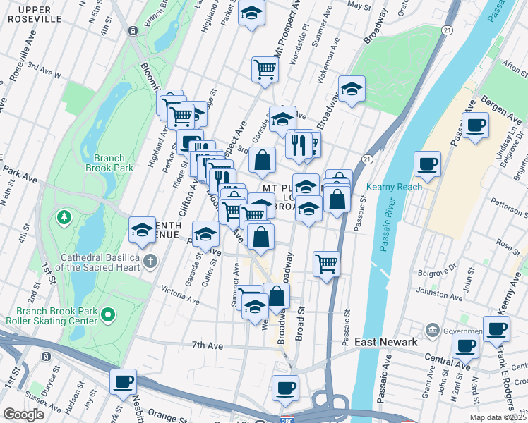 map of restaurants, bars, coffee shops, grocery stores, and more near 191 Summer Avenue in Newark