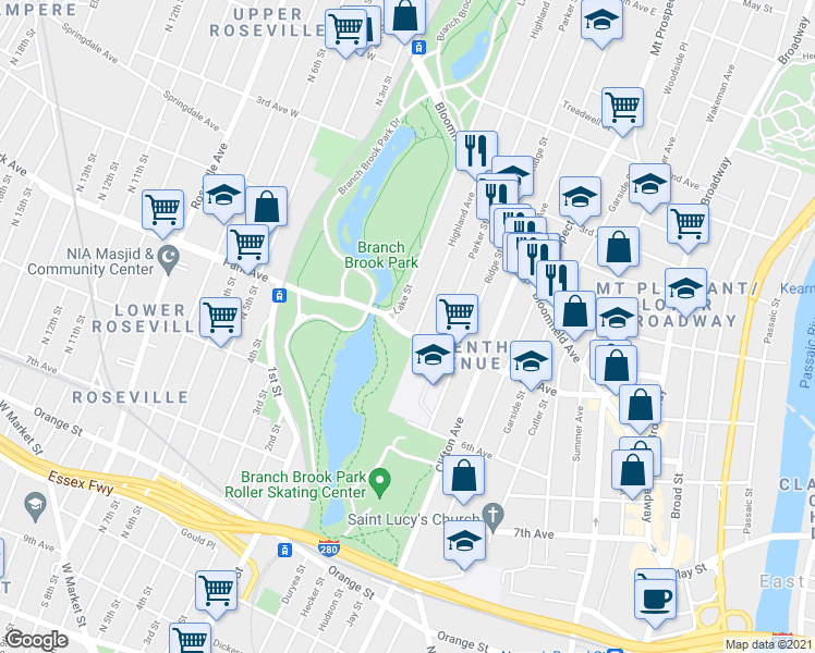 map of restaurants, bars, coffee shops, grocery stores, and more near 28 Highland Avenue in Newark