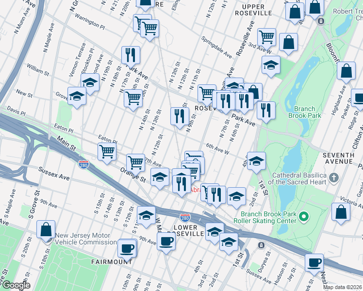 map of restaurants, bars, coffee shops, grocery stores, and more near 69 North 9th Street in Newark