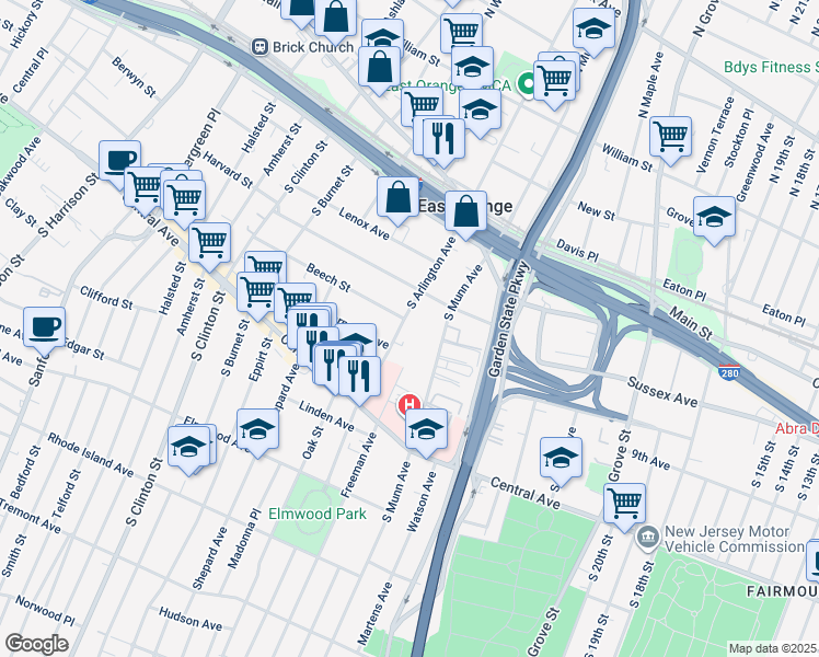 map of restaurants, bars, coffee shops, grocery stores, and more near 7 Chestnut Street in East Orange