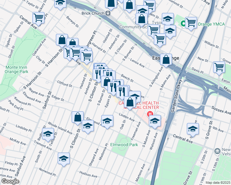 map of restaurants, bars, coffee shops, grocery stores, and more near 428 Central Avenue in East Orange