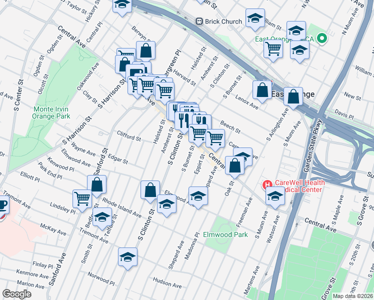 map of restaurants, bars, coffee shops, grocery stores, and more near in East Orange