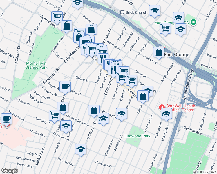 map of restaurants, bars, coffee shops, grocery stores, and more near 206 Amherst Street in East Orange