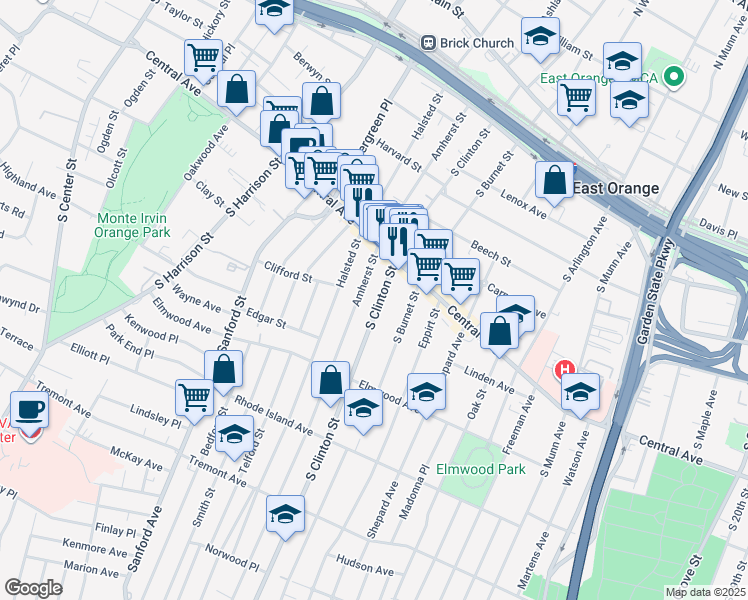 map of restaurants, bars, coffee shops, grocery stores, and more near 206 Amherst Street in East Orange