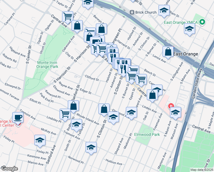 map of restaurants, bars, coffee shops, grocery stores, and more near 267 Halsted Street in East Orange