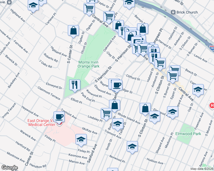 map of restaurants, bars, coffee shops, grocery stores, and more near 47 Melrose Avenue in East Orange