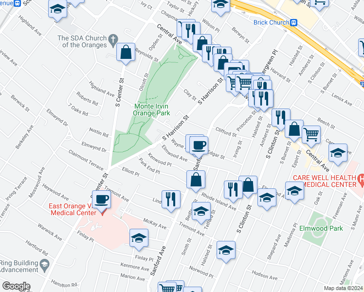map of restaurants, bars, coffee shops, grocery stores, and more near 47 Melrose Avenue in East Orange