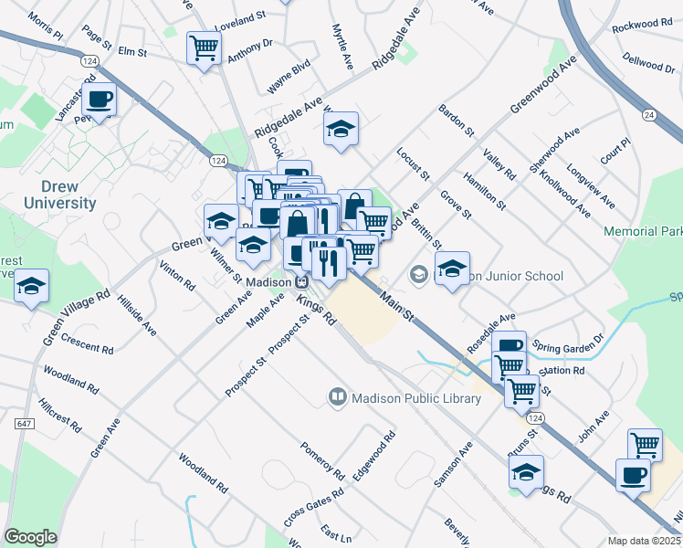map of restaurants, bars, coffee shops, grocery stores, and more near 106 Main Street in Madison