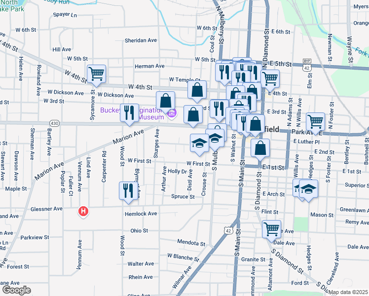 map of restaurants, bars, coffee shops, grocery stores, and more near 142 West 2nd Street in Mansfield