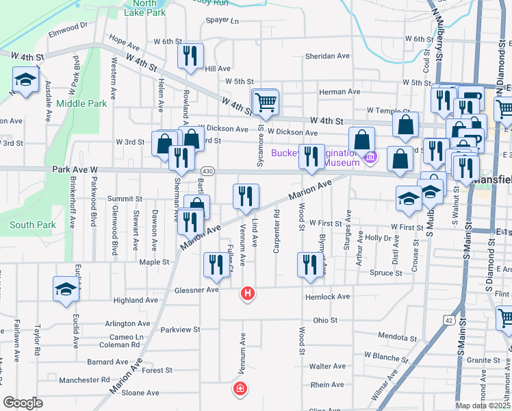 map of restaurants, bars, coffee shops, grocery stores, and more near 146 Marion Avenue in Mansfield