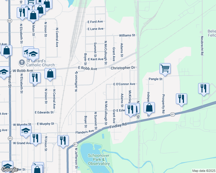 map of restaurants, bars, coffee shops, grocery stores, and more near 801 East O'Connor Avenue in Lima