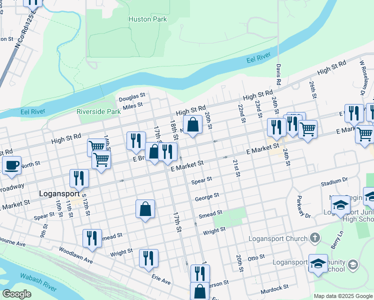 map of restaurants, bars, coffee shops, grocery stores, and more near 1810 East Broadway in Logansport