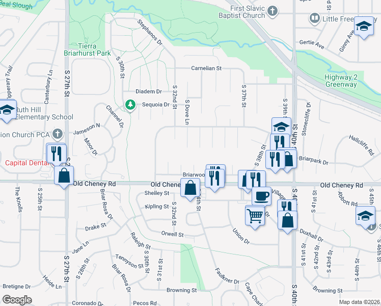 map of restaurants, bars, coffee shops, grocery stores, and more near 5600 Dove Circle in Lincoln