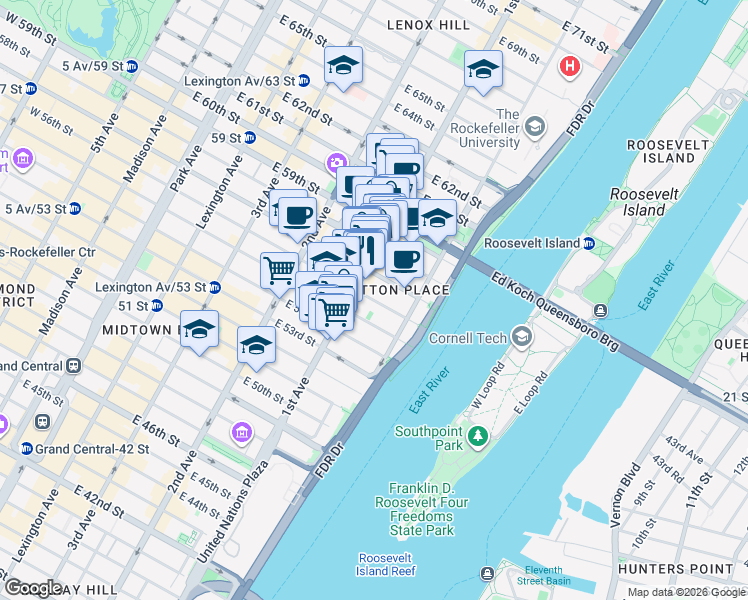 map of restaurants, bars, coffee shops, grocery stores, and more near 409 East 56th Street in New York