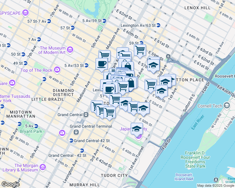 map of restaurants, bars, coffee shops, grocery stores, and more near 575 Lexington Avenue in New York