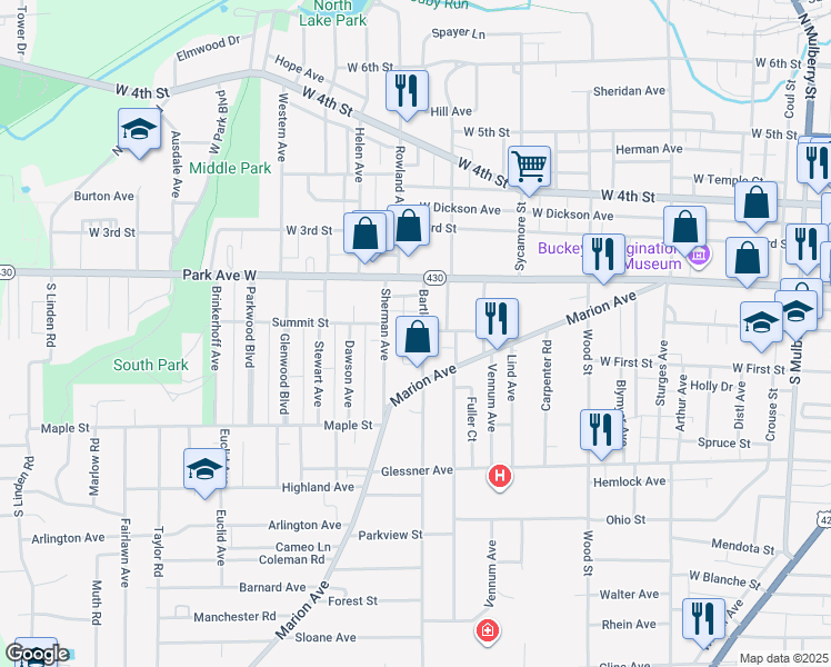 map of restaurants, bars, coffee shops, grocery stores, and more near 56 Bartley Avenue in Mansfield