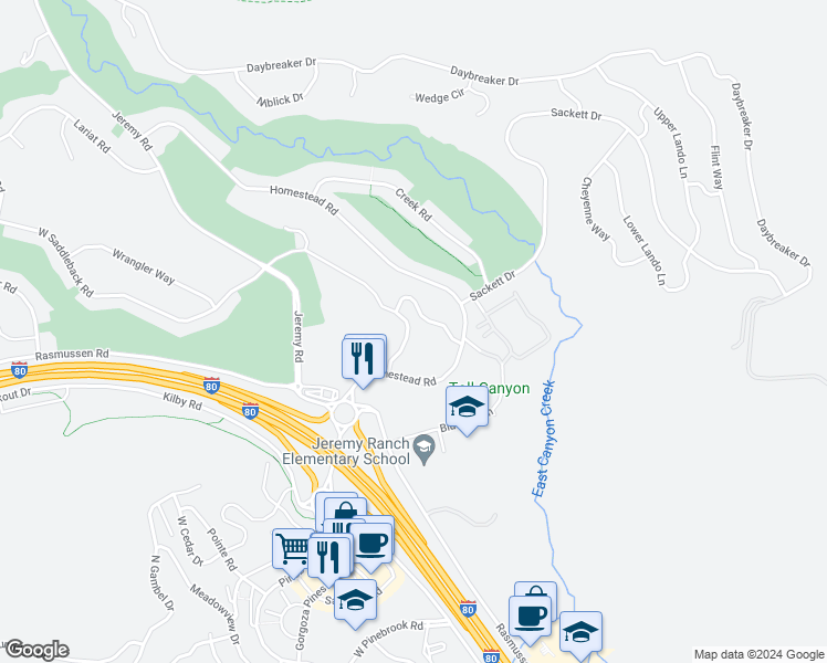 map of restaurants, bars, coffee shops, grocery stores, and more near 3022 Lower Saddleback Road in Park City