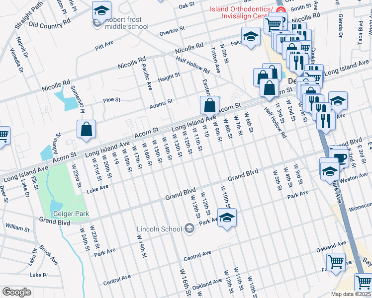 map of restaurants, bars, coffee shops, grocery stores, and more near 23 West 12th Street in Deer Park