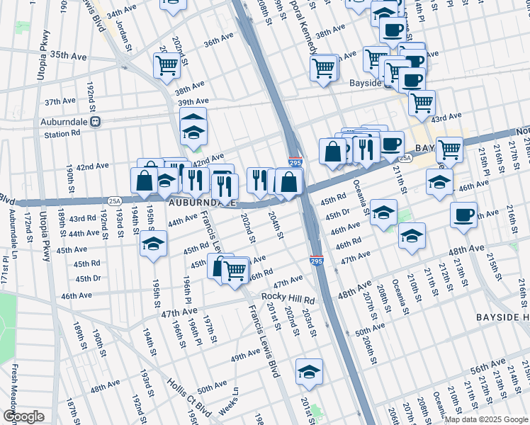 map of restaurants, bars, coffee shops, grocery stores, and more near 43-25 204th Street in Queens