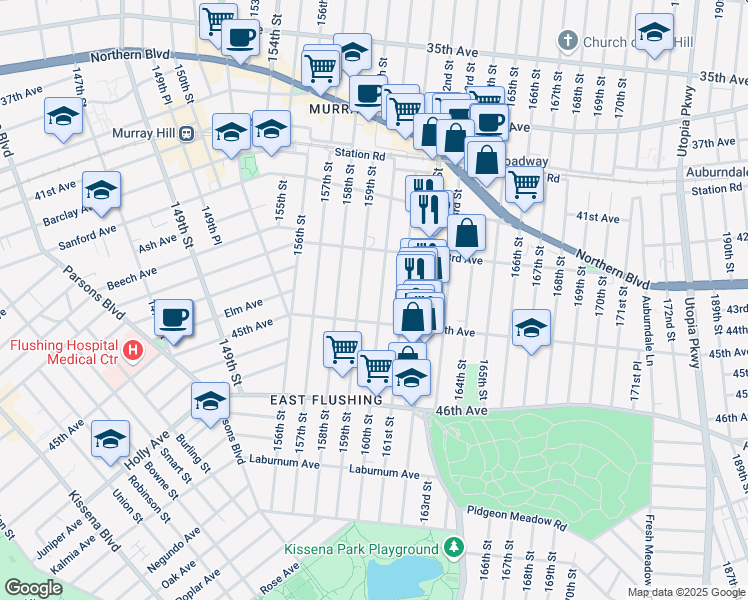 map of restaurants, bars, coffee shops, grocery stores, and more near 43-31 160th Street in Queens