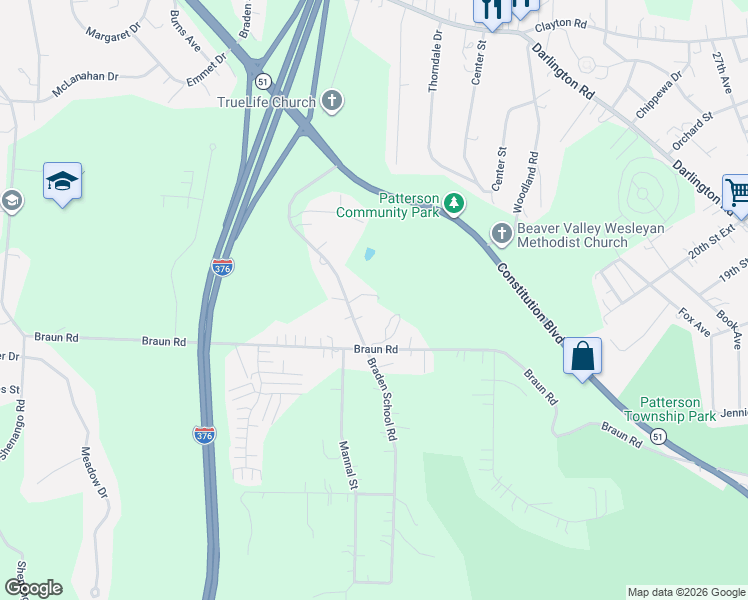 map of restaurants, bars, coffee shops, grocery stores, and more near 357 Braden School Road in Beaver Falls