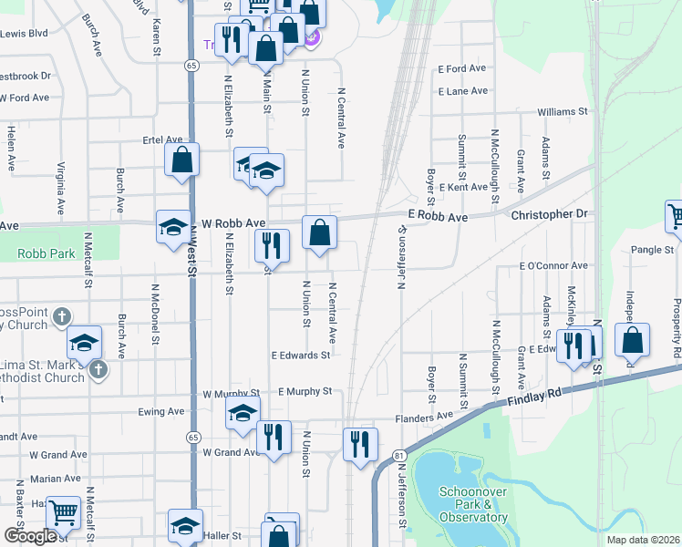 map of restaurants, bars, coffee shops, grocery stores, and more near 1200-1256 North Central Avenue in Lima
